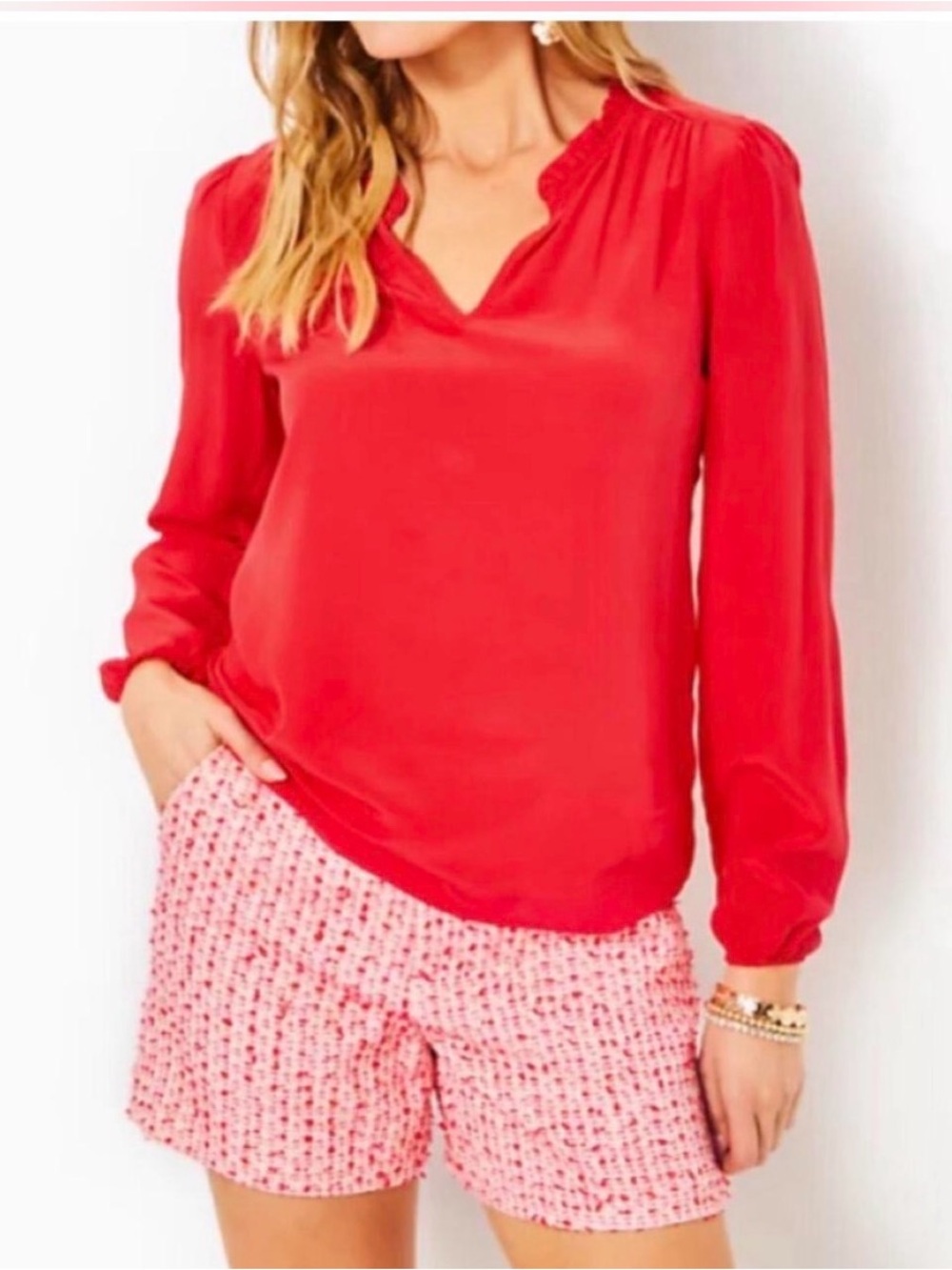 Lilly Pulitzer Vibrant Red V-Neck Long Sleeve Blouse 100% silk
